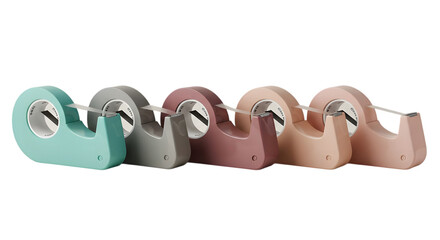 Collection of pastel colored tape dispensers on a transparent background, suitable for office supplies or stationery design.