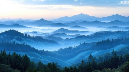Obraz premium A serene vista of rolling hills bathed in a tranquil blue hue.