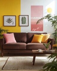 Stylish American living room interior featuring a chocolate brown three-seater sofa, vibrant yellow and pink wall accents, lush green plants, and modern decorative artwork.