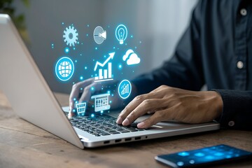Obraz premium Digital marketing technology online concept. SEO, Advertising, Ecommerce, business online marketing, direct sale, digital marketing strategies and goals.