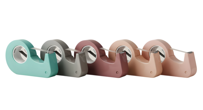 Collection of pastel colored tape dispensers on a transparent background, suitable for office supplies or stationery design.