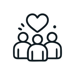 Three figures stand together beneath a heart symbol, representing unity, love, and community.