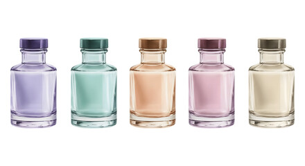 Pastel potion bottles in a row showcases magical glass vials with colorful liquids against a transparent background for creative designs.