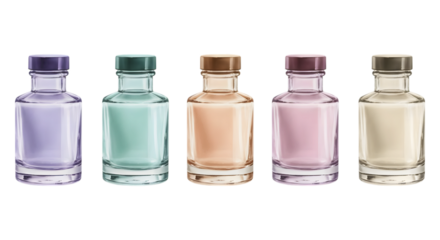 Pastel potion bottles in a row showcases magical glass vials with colorful liquids against a transparent background for creative designs.