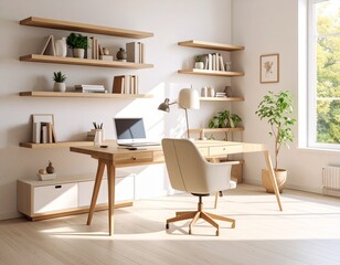 Fototapeta premium Minimalist Home Office with Walnut Desk and Mid-Century Modern Style