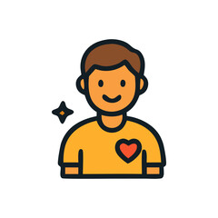 Happy boy with heart on shirt, volunteer, kindness, compassion.