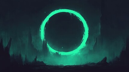 Glowing Emerald Portal: Abstract Digital Art with Atmospheric Landscape