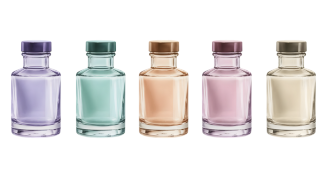 Pastel potion bottles in a row showcases magical glass vials with colorful liquids against a transparent background for creative designs.