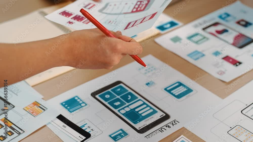 Poster hand focus of startup company employee present user interface prototype for mobile application to sm