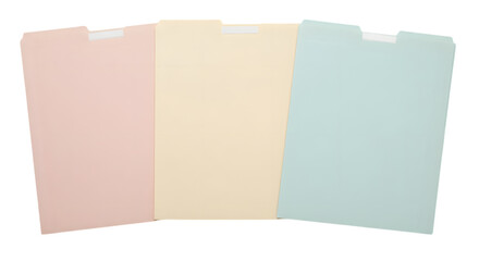 Three pastel colored file folders provide a transparent backdrop for office organization or business presentations.