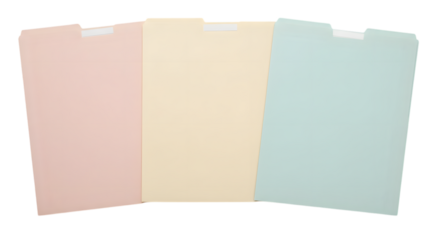 Three pastel colored file folders provide a transparent backdrop for office organization or business presentations.
