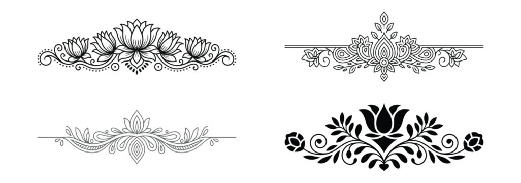 Collection of four decorative floral borders and dividers isolated on white background