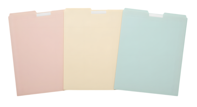 Three pastel colored file folders provide a transparent backdrop for office organization or business presentations.