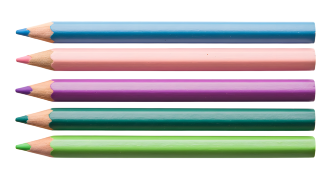 Colorful pencils arranged neatly showcase an array of creative options for drawing, sketching and artistic expression on a transparent background.