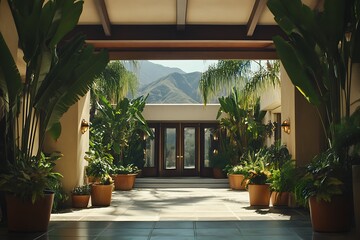 Serene tropical greenery surrounding stylish Big Sur hotel front porch