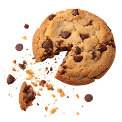 Delicious chocolate chip cookie with crumbs isolated on transparent background