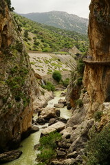 The famous El Caminito del Rey in Malaga with its amazing views with trees, mountains, river and a...