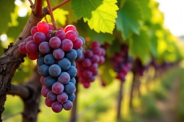Fototapeta premium Sun-Ripened Grapes Hanging Heavy on the Vine, Ready for Harvest ? A Picturesque Vineyard Scene Perfect for Wine Labels and Publications