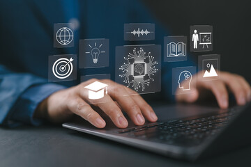 AI Artificial Intelligence technology for education. Person learning lessons and online seminars on laptop. Modern digital learning, courses for developing new skills and e-learning.