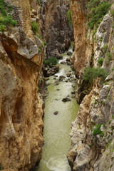 The famous El Caminito del Rey in Malaga with its amazing views with trees, mountains, river and a valley.