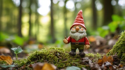 Obraz premium A whimsical garden gnome stands in a lush forest scene
