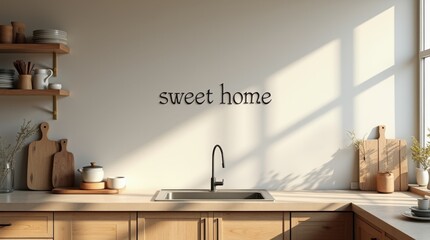  kitchen scene with simple wooden cabinets, clean lines, subtle "sweet home" text