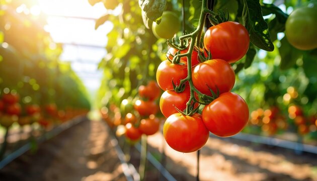Ripe tomatoes hanging in a greenhouse