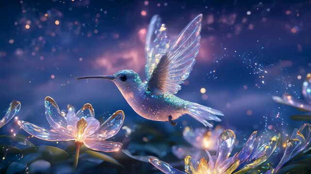 A glass-winged hummingbird with iridescent, translucent feathers hovers gracefully above a twilight garden