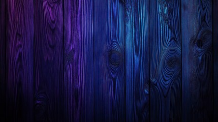 Vibrant, dark wood planks bathed in neon purple and blue hues