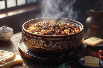 Hearty Chinese Beef and Vegetable Soup in Clay Pot with White Cheese Cubes