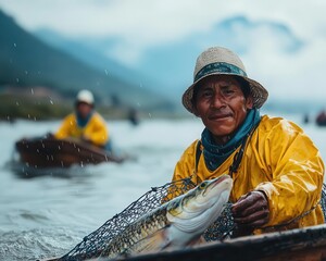 Peruvian fishers using handlines in shallow coastal waters, cultural techniques, and natural warm tones