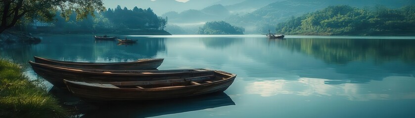 Quiet inland lake fishing scene in China, small wooden boats, and mirrored reflections in the water