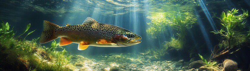 Fototapeta premium Rainbow trout swimming in a clear mountain stream, underwater view, and lush natural surroundings
