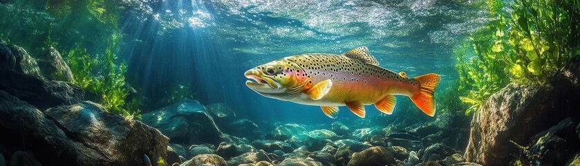 Fototapeta premium Rainbow trout swimming in a clear mountain stream, underwater view, and lush natural surroundings