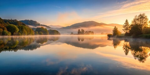 Serene lake at dawn with misty atmosphere and surrounding hills, st monica lake, lake, st monica lake, lake