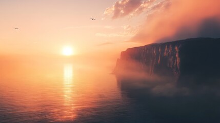 Coastal Cliffs Bathed in the Golden Hue of Sunrise with Misty Vaporous Atmosphere