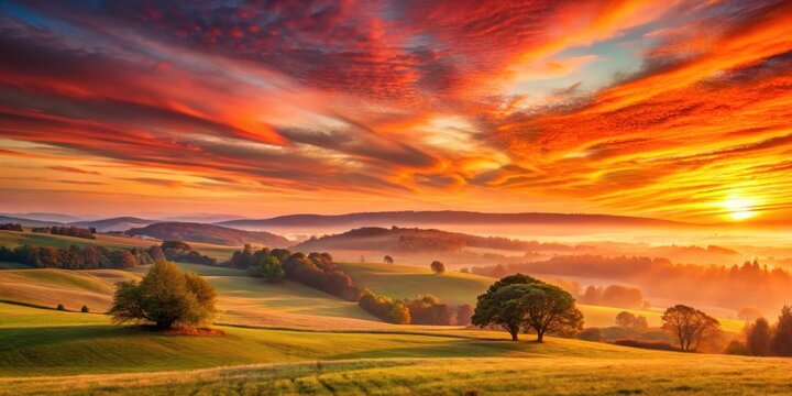 A bright sunrise over a vast, peaceful landscape with rolling hills and trees, set against a vibrant orange-red sky with a few wispy clouds , serene, warm light