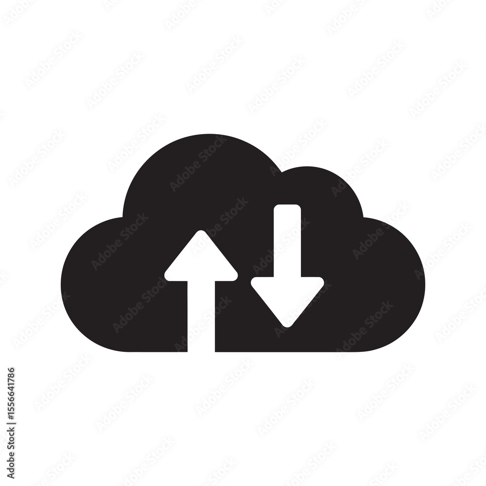 Poster solid glyph vector icon of a cloud with upload and download arrows representing online data storage 