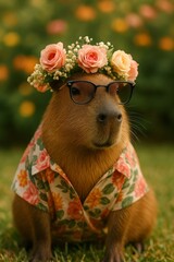 Capybara Capivara Portrait with Floral Crown in Romantic Boho Style