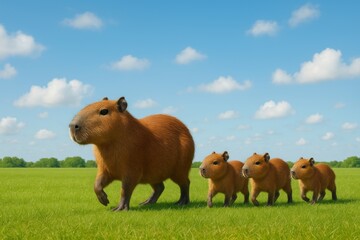 Capybara Capivara Family Walking on Green Lawn Under Blue Sky