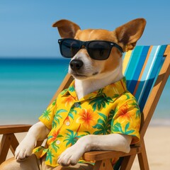 Cute Dog Cachorro in Sunglasses Relaxing on Beach in Tropical Shirt