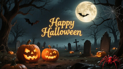 Fototapeta premium A hauntingly Halloween scene set under a full, glowing moon that dominates the sky. Halloween, Halloween Costumes, Halloween Background, Happy Halloween