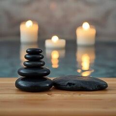 Stacked Hot Stones and Candles for Spa and Wellness Meditation