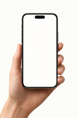 Smartphone held in hand with blank screen