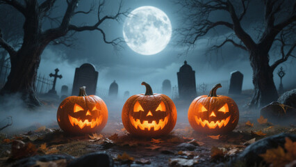 A hauntingly Halloween scene set under a full, luminous moon that casts a soft, ethereal glow over the landscape. Halloween, Halloween Costumes, Halloween Background, Happy Halloween