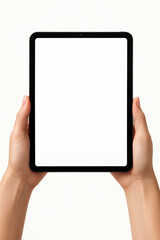 Tablet held by hands with blank screen