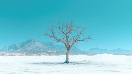 Bare tree on a snowy landscape with mountains in the background.