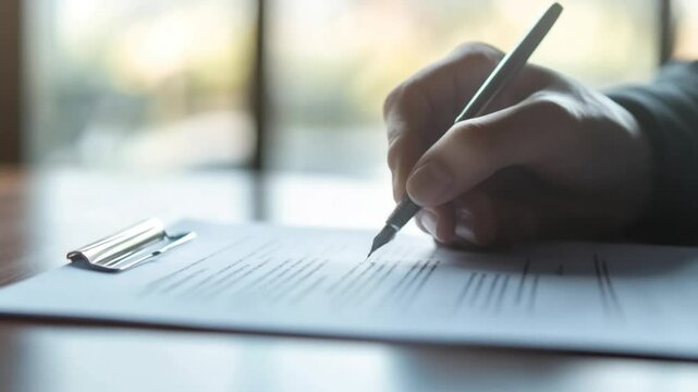 Elegant Fountain Pen Signs Important Contract Document in a Modern Office Setting