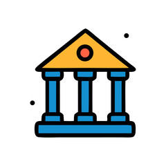 A stylized illustration of a building with columns and a triangular roof.