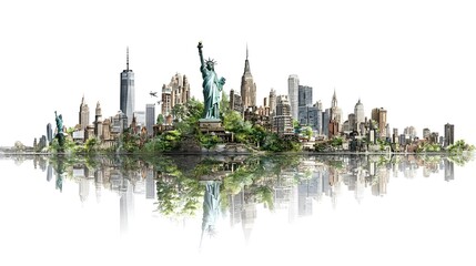 Fototapeta premium Futuristic 3D city built on a map of the USA new York, set against a white backgrou. Symbolizes innovation and urban development in Korea.ideal for tech, infrastructure, and future-themed visuals